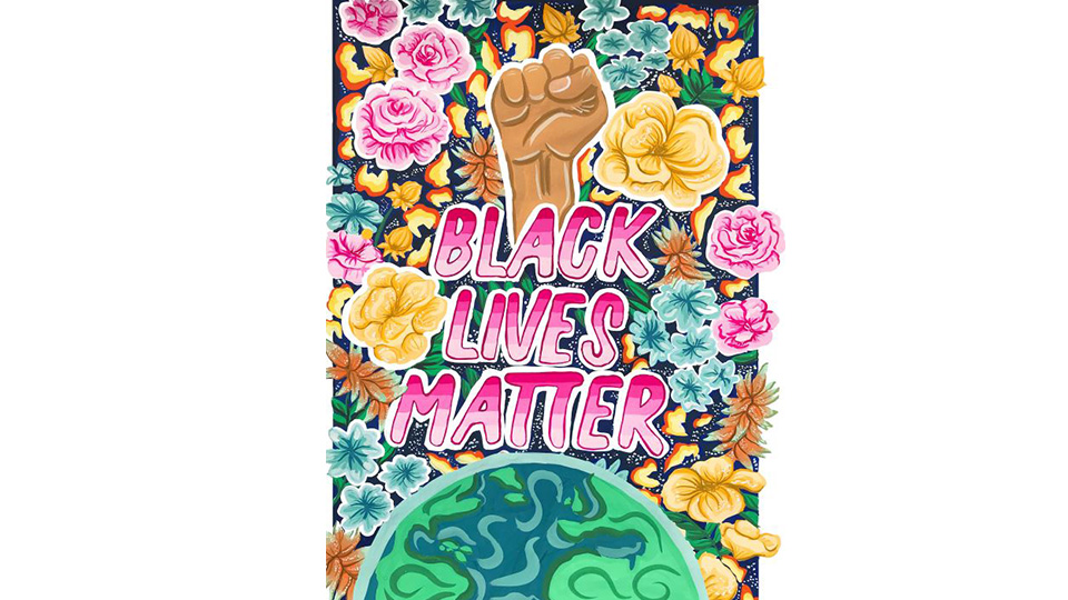 Image of Florences' poster about the Black Lives Matter movement, a floral design with a Black fist at the top