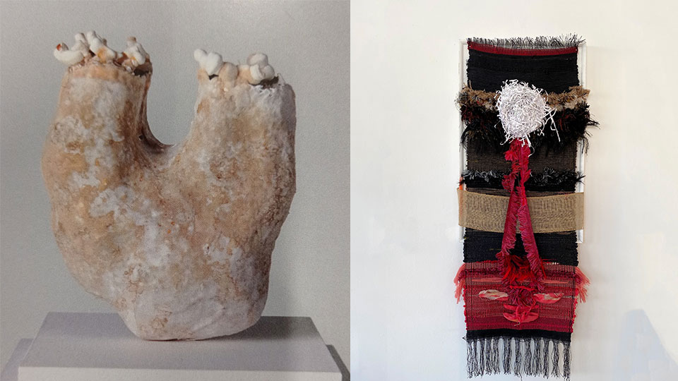 Bio-based sculptural vessel by Georgia Gerrard and colourful tapestry by Jhuma Dutta