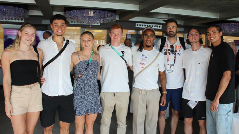 Loughborough University welcomed current and former athletes to the event (L-R): Sophie Ashurst, Joel Clarke-Khan, Molly Caudery, Charlie Dobson, Alex Haydock-Wilson, Martyn Rooney, Lewis Davey, Rio Mitcham.