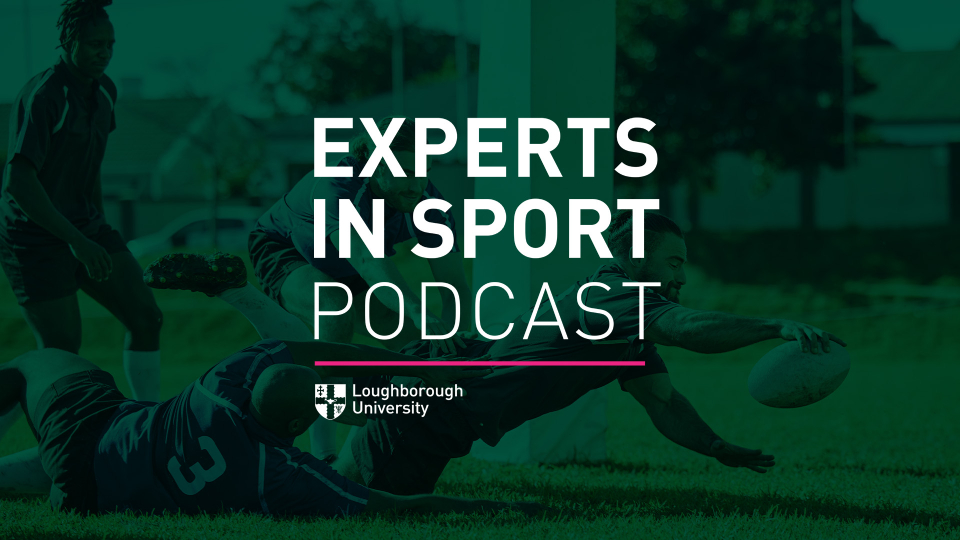 the latest logo for the experts in sport podcast showing a rugby match in the background