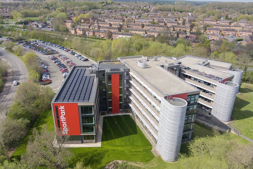 An aerial image of the Loughborough University SportPark building.