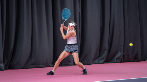 a woman playing a tennis shot
