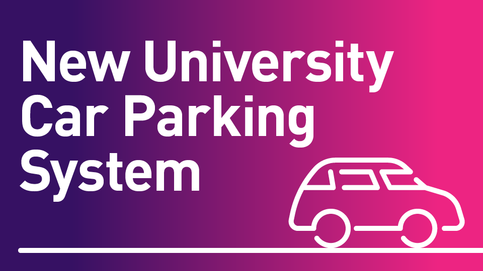 Purple background with icon of a car. Text reads 'New University Car Parking System'