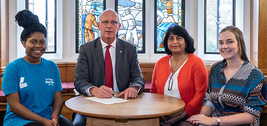 Pictured from the left is Loughborough Students' Union (LSU) Women's Officer Kes Brown, Vice-Chancellor Professor Robert Allison, University Equality and Diversity Adviser Abida Akram, and LSU Welfare and Diversity Executive Officer Hannah Keating.

