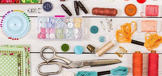 Pictured is a selection of sewing tools. 