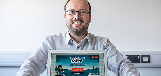 Pictured is Dr Emiliano Renzi, of the School of Science, with ‘Storm Force’ – a free, online, educational game, primarily for children aged 12 and above, which builds on half-a-decade of research.

