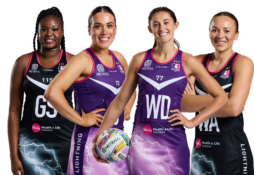 Four players of the 2026 squad for Lightning Netball
