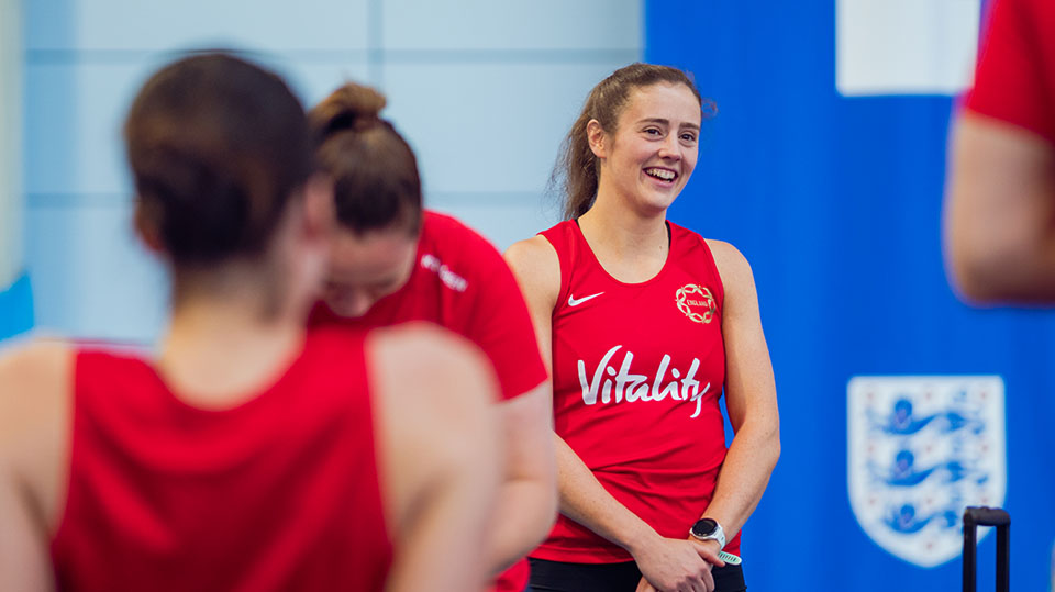 jess shaw laughing with her vitality roses teammates
