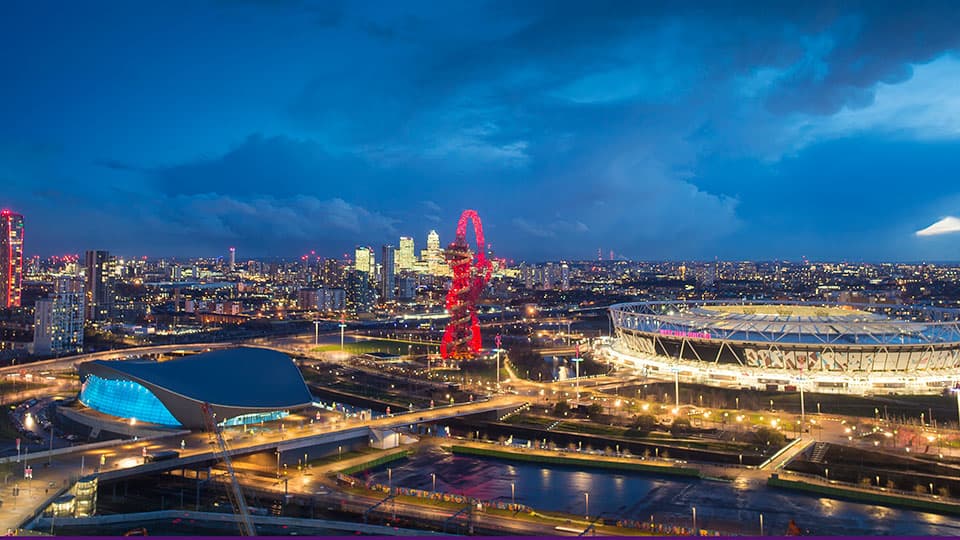 Aerial view of the Queen Elizabeth Olympic Park at night - home of Loughborough University London