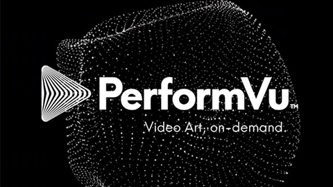 Logo of PerformVu- black background with white dots and text