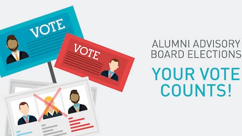 Graphic with an image of a voting card and two voting placards. Text reads: "Alumni Advisory Board Elections. Your Vote Counts!"