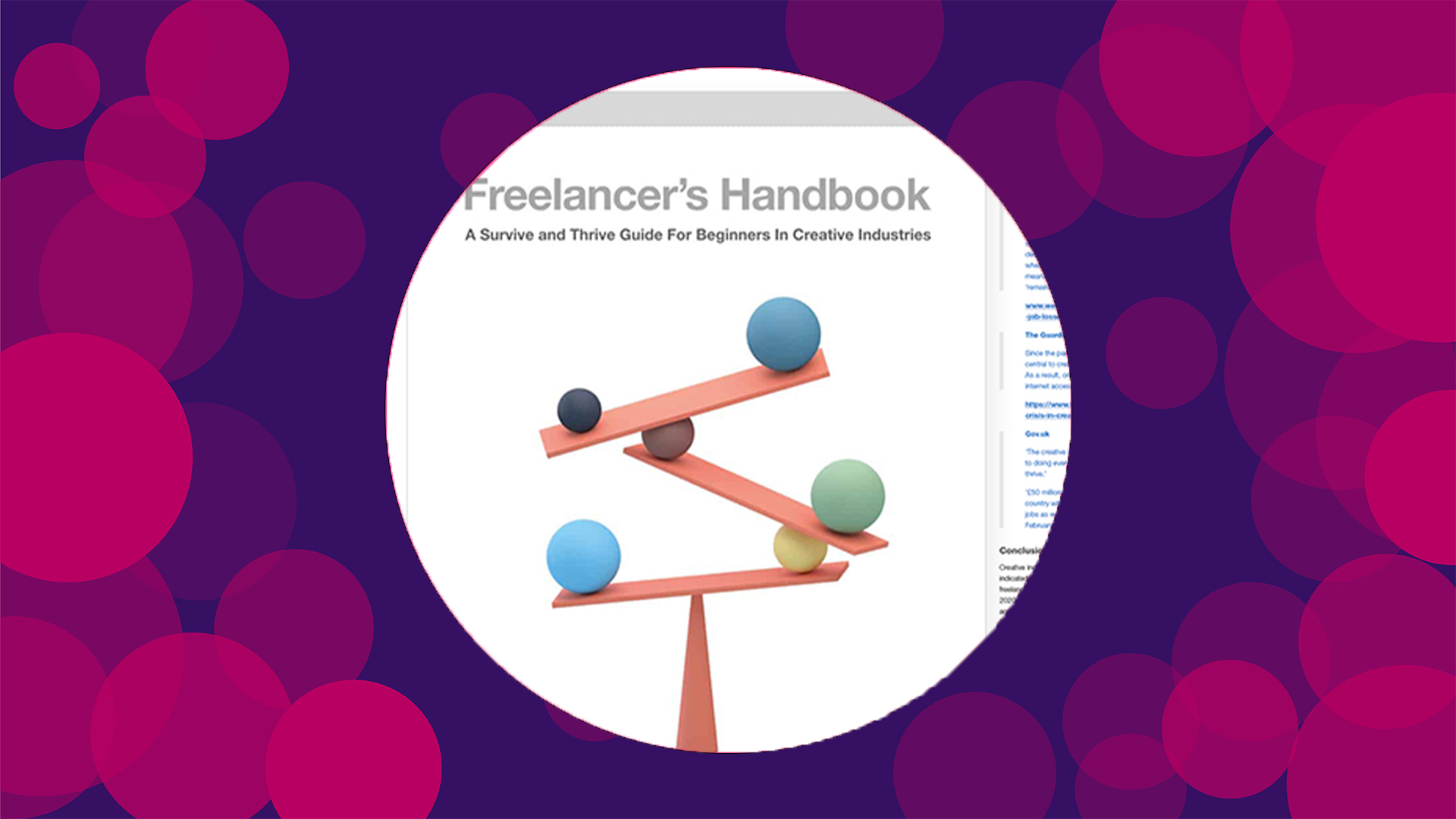 Purple background with pink circles with an image in the middle of the cover of freelancers hand book
