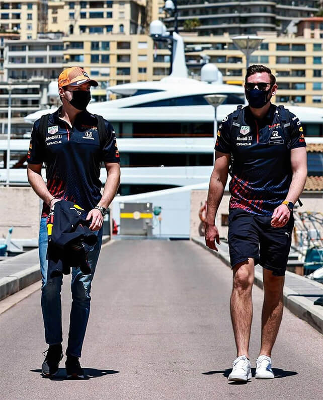 Bradley Scanes and Max Verstappen arrive at the 2021 Monaco Grand Prix.