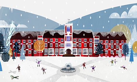 A digital image of the university's Hazlerigg Building in snow