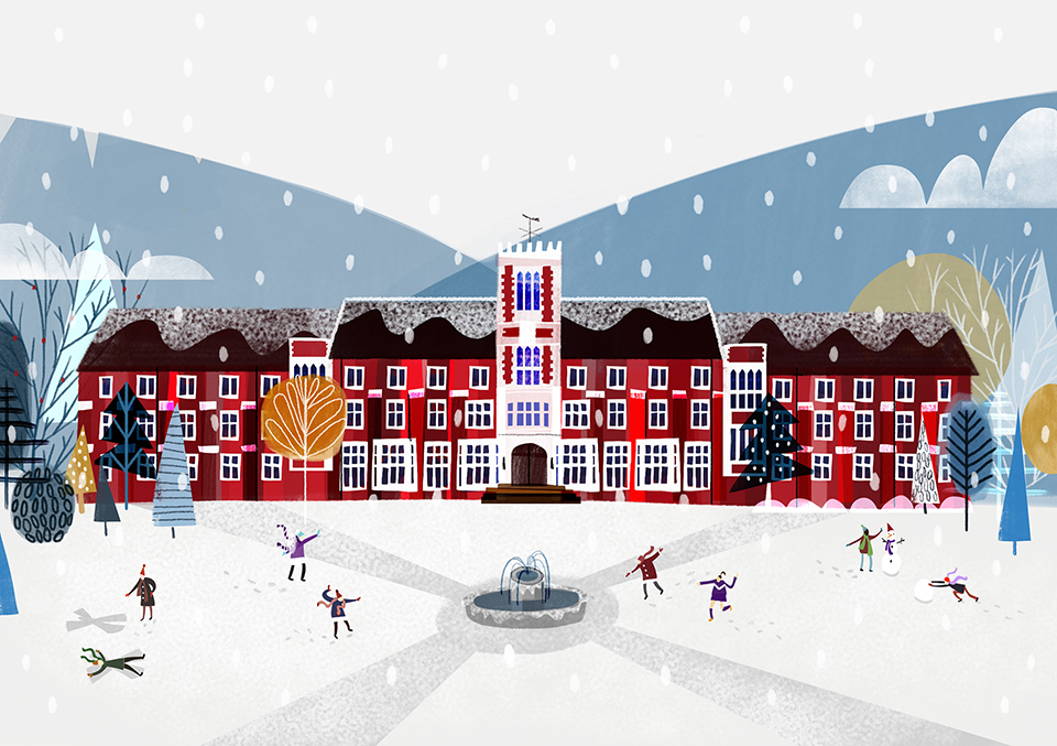 A digital image of the university's Hazlerigg Building in snow