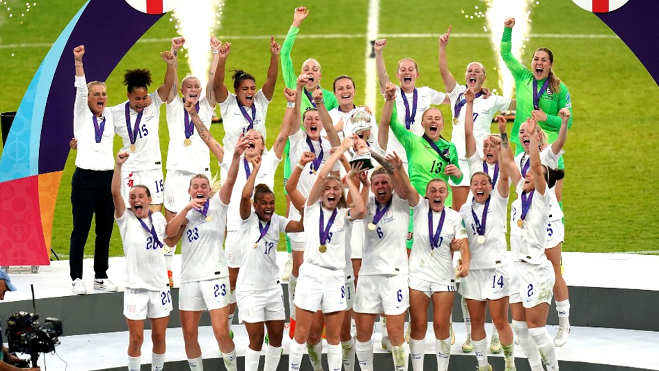 England Women lift the UEFA Women's Euro 2022 final at Wembley Stadium.