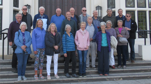 Group celebrating Golden Jubilee outside Hazlerigg