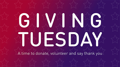 Graphic with faint star shapes on a pink and purple background. Text reads: Giving Tuesday A time to donate, volunteer and say thank you.