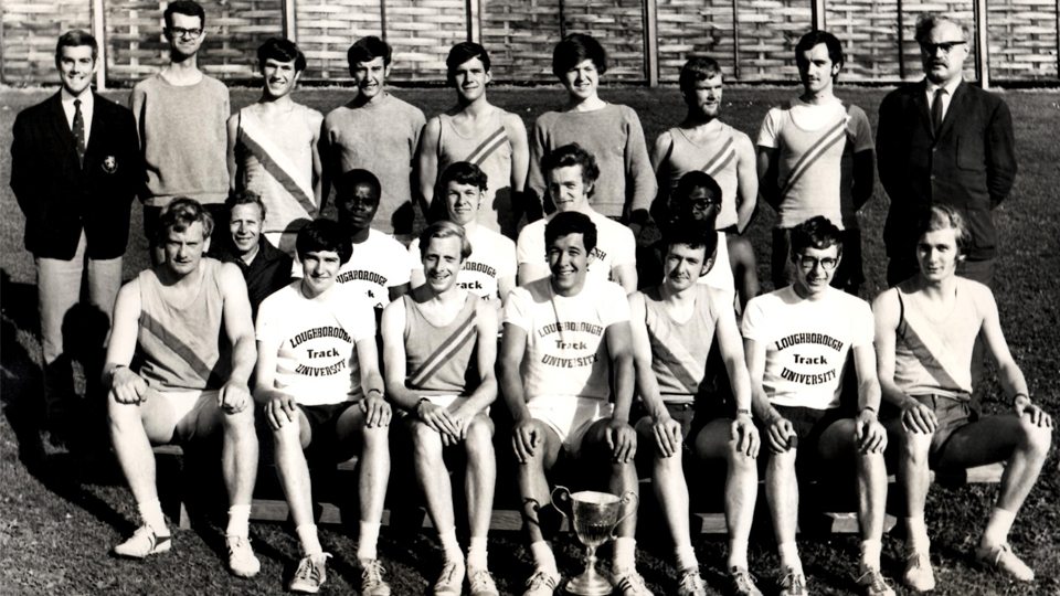 Loughborough University Athletics Club, 1969 featuring, left to right: Mike Down, Dr Roberts, Julian Bunn, Tim Joscelyne, Mike Seal, Pete Lewis, Mr Futcher.
Middle row: Tony Endiwo, Richard Scott, Will Bartholemew, Tony Igadaro. 
Front row: Barry Crowther, Simon Male, John Barrus, Quentin Craddock, Ged McAllister, Barry Taylor, Pete Humphreys.
