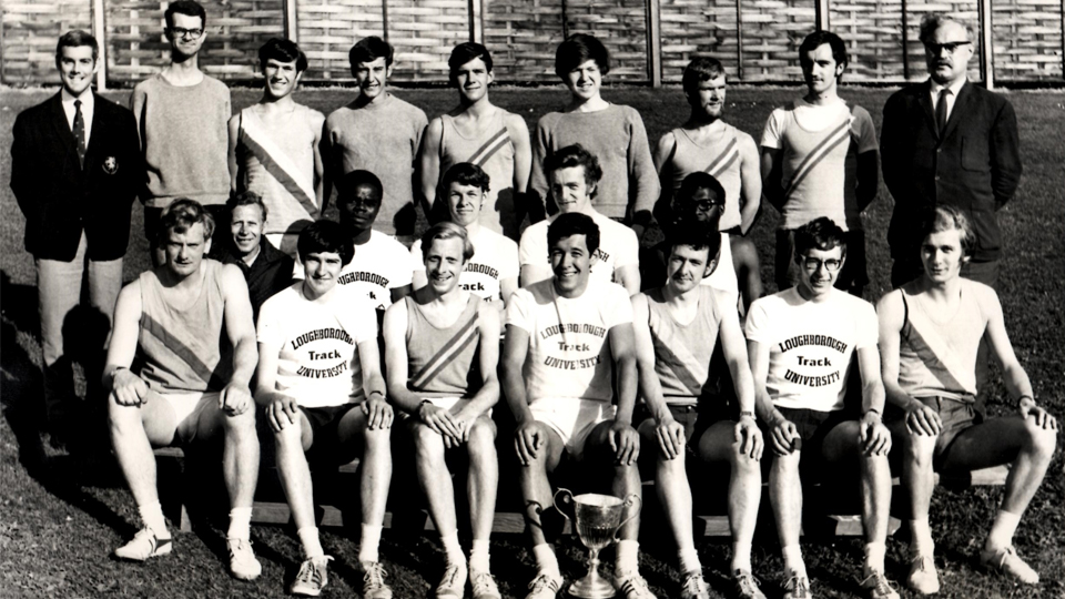 Loughborough University Athletics Club, 1969 featuring, left to right: Mike Down, Dr Roberts, Julian Bunn, Tim Joscelyne, Mike Seal, Pete Lewis, Mr Futcher.
Middle row: Tony Endiwo, Richard Scott, Will Bartholemew, Tony Igadaro. 
Front row: Barry Crowther, Simon Male, John Barrus, Quentin Craddock, Ged McAllister, Barry Taylor, Pete Humphreys.
