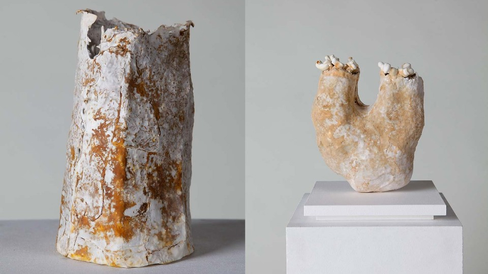 Left: 'Surrey' mycelium sculpture grown from reishi millet grain spawn, eucalyptus paper, wheat bran, and yellow clay dug up from Cranleigh, in Surrey. Right: 'Dorset: Durdle Door' mycelium sculpture based on the geologically fascinating Durdle Door on the south coast of England, grown from reishi oat seed spawn with barley straw, eucalyptus paper, wheat bran, and clay.