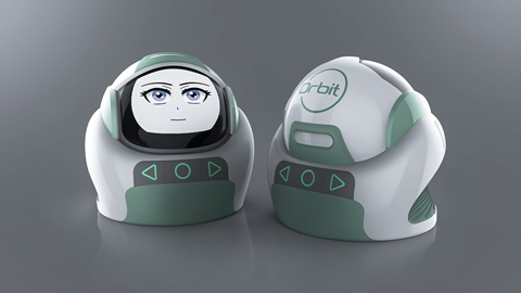 Orbit the robot, an interactive robot that aims to teach children with autism spectrum disorders (ASD) about emotions and social appropriateness through storytelling, physical interaction, and visual communication. Pictured is Orbit being pressed by a hand, the face changes from an animated face to a picture of a rocket.