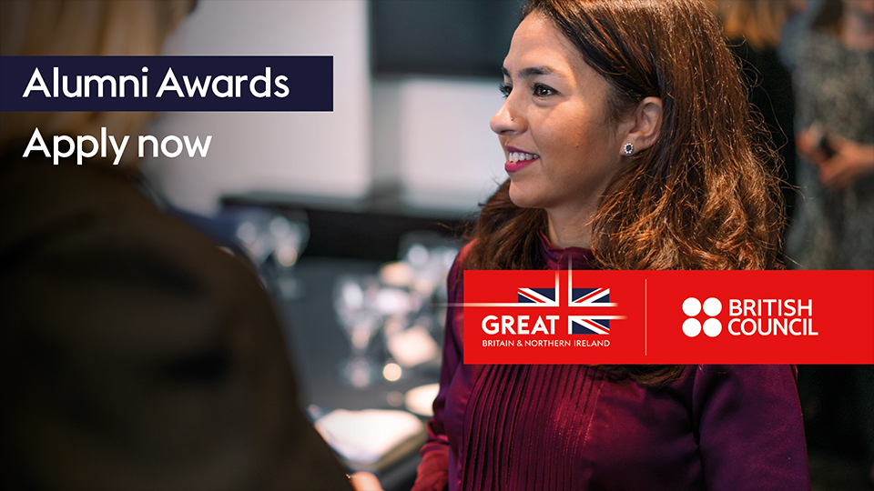A photo of a person smiling. The British Council logo and text "Alumni Awards Apply now" is on the image.