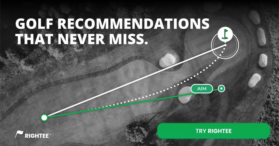 A black and white graphic depicting a golf ball in the air. There are lines showing where to aim the ball and where it would travel. Text on the image reads Golf Recommendations That Never Miss. Try Rightee.