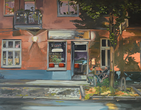 Wandering in a foreign city by night by Amber Cannings.A paintings of the front of a building which includes a tree, balcony and people sitting at a table. 