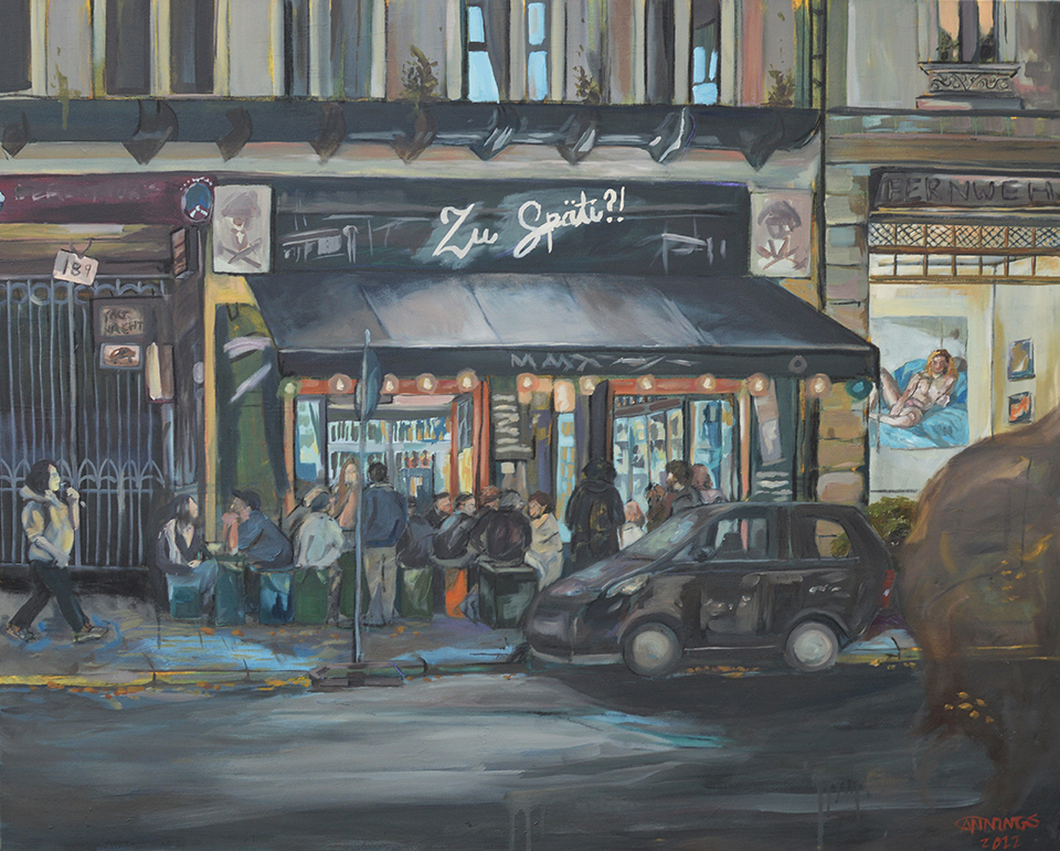 Zu Spati by Amber Cannings. A painting of cafe's and storefronts surrounded by people. 