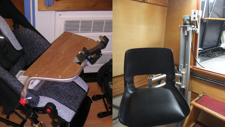 On the left is a child’s pushchair with a wooden piece attached to hold an iPad. On the right is an image of a seat attached to a canal boat.