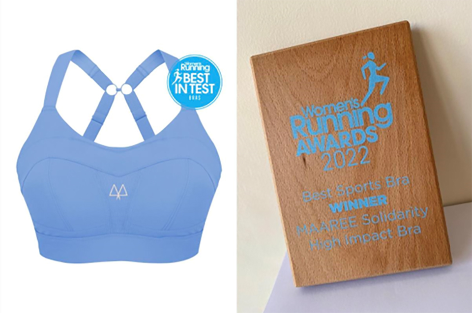 An image of a blue sports bra next to an image of a wooden trophy from Women’s Running for best sports bra 2022