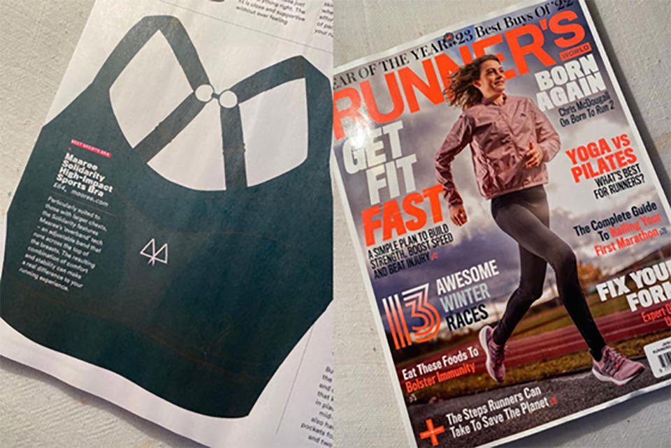 An image of a black sports bra printed in a magazine. There is another image on the right of the front cover of a Runner’s World magazine