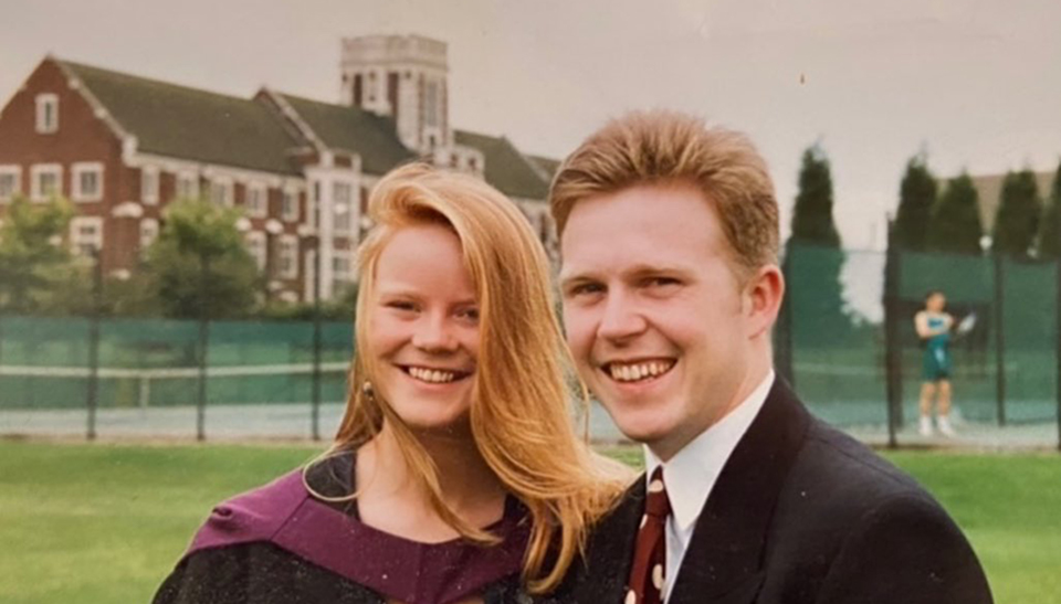 Jo Seymour and Fraser Bull posing on the rugby pitches in 1992.