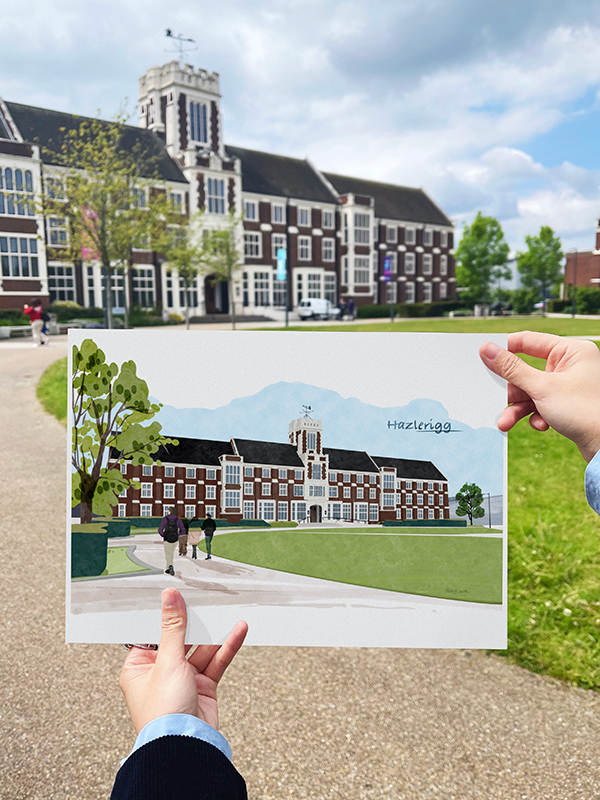 Two hands holding an illustration of Hazlerigg with the Hazlerigg building in the background.