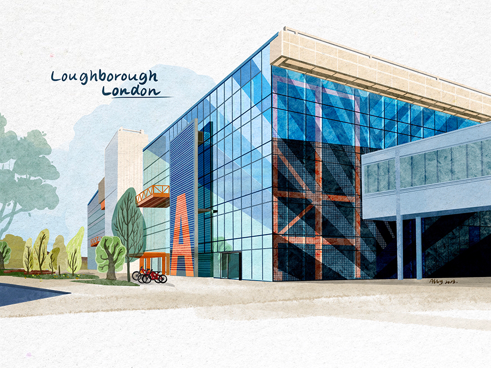 An illustration of the glass Loughborough University London building in the middle of the illustration and trees to the left of it. Signature on the image reads 'Loughborough London'