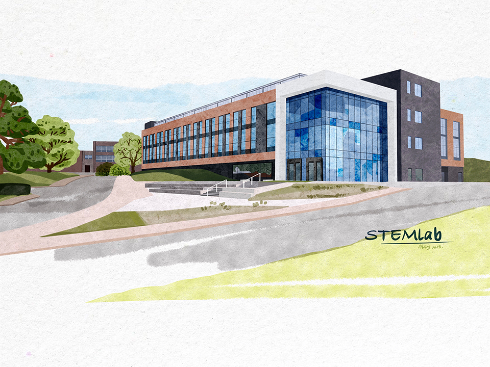  An illustration of the stem lab building with the glass building to the right of the image a road in the middle of the image and greenery and trees to the left. Signed writing on the image reads 'Stem Lab'