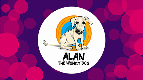 A purple background with pink circles on with a graphic of Alan the dog in the middle of the canvas. It reads 'Alan the Wonky Dog' underneath the graphic.