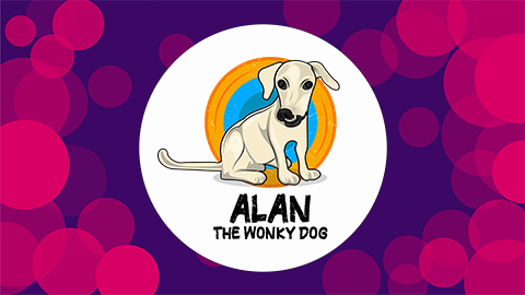 A purple background with pink circles on with a graphic of Alan the dog in the middle of the canvas. It reads 'Alan the Wonky Dog' underneath the graphic.