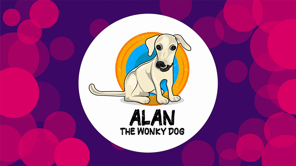 A purple background with pink circles on with a graphic of Alan the dog in the middle of the canvas. It reads 'Alan the Wonky Dog' underneath the graphic.