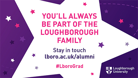 Purple and white graphic with a large star shape in the centre and other small stars across the image. Text reads: You'll always be part of the Loughborough Family. Stay in touch. Lboro.ac.uk/alumni #LboroGrad