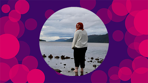 A purple background with pink circles on with an image of Rebecca at the beach facing the sea in the middle of the canvas.