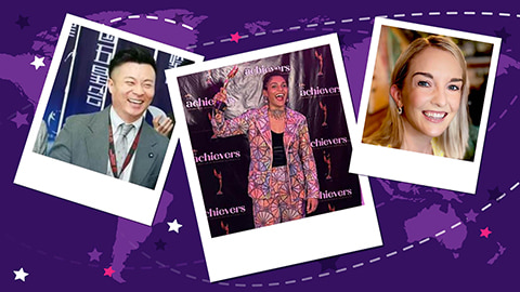 Three polaroid style images on a purple background with a map of the world faded into the background. In the polaroid images is Stone Zhang, Aditi Chauhan and Sarah Black-Smith. 