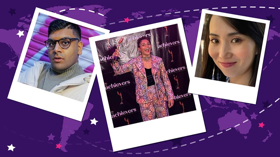 Three polaroid style images on a purple background with a map of the world faded into the background. In the polaroid images is Jameel Shariff, Aditi Chauhan and Emma Fu.