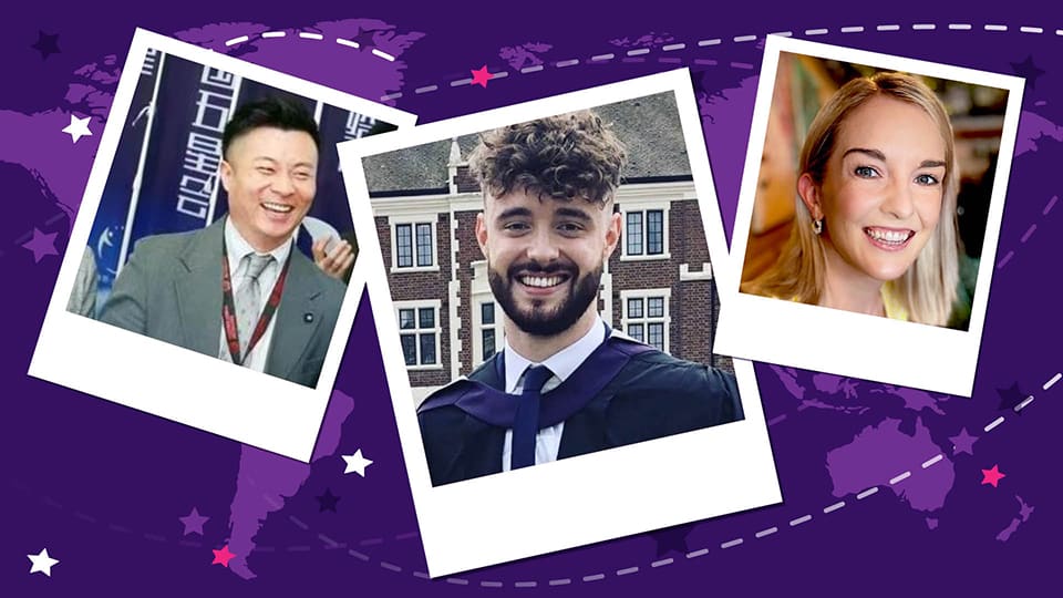 Three polaroid style images on a purple background with a map of the world faded into the background. In the polaroid images is Stone Zhang, David Mead and Sarah Black-Smith. 