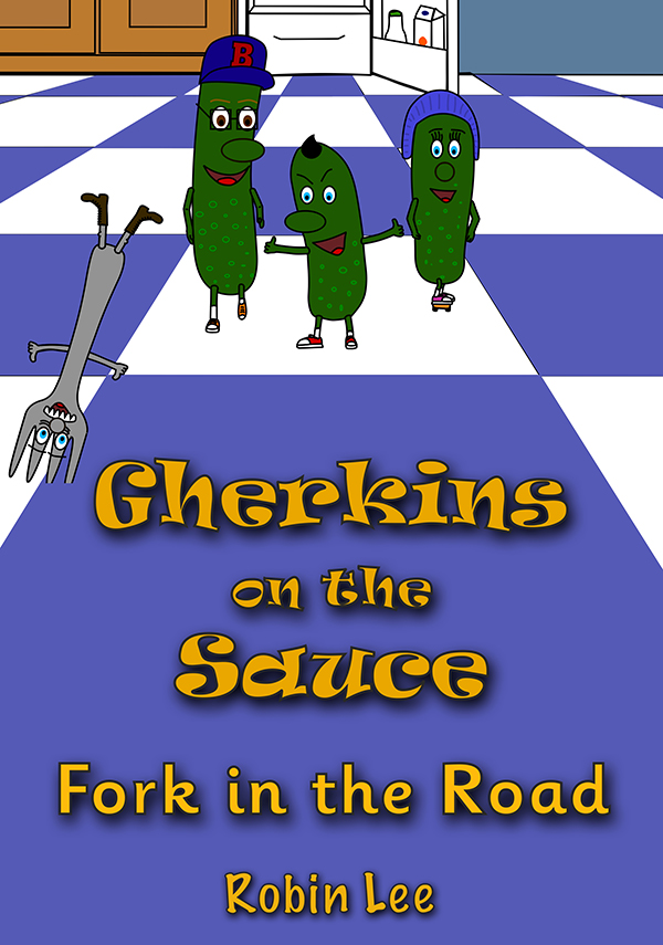 An illustrated poster of three gherkins dressed in clothes and a fork on a kitchen floor.