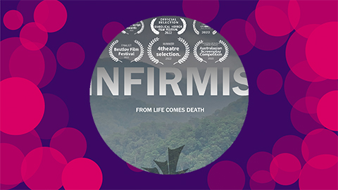 A purple background with pink circles on with the Infirmis poster in the middle of the canvas.