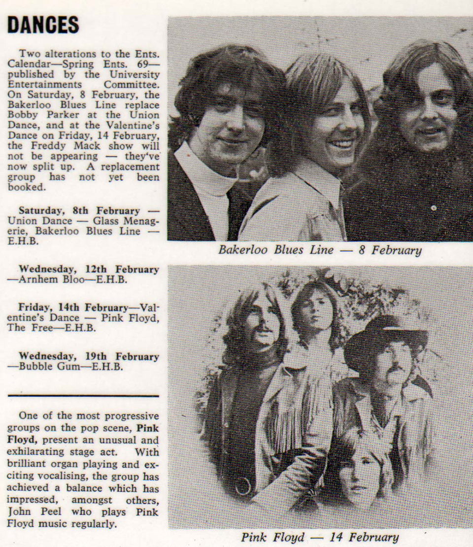 A newspaper cutting showing upcoming gigs at Loughborough in 1969 including images of Bakerloo Blues Line and Pink Floyd. Source unknown.