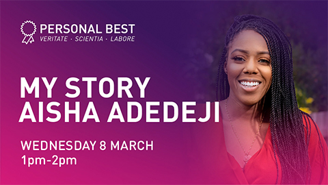 Aisha Adedeji is pictured on a pink and purple graphic detailing the date and time of her talk