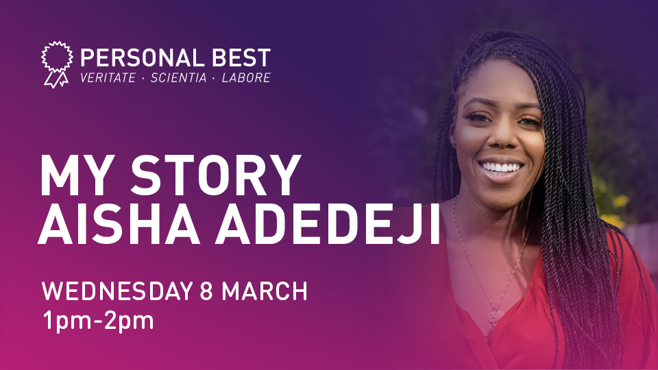 Aisha Adedeji is pictured on a pink and purple graphic detailing the date and time of her talk